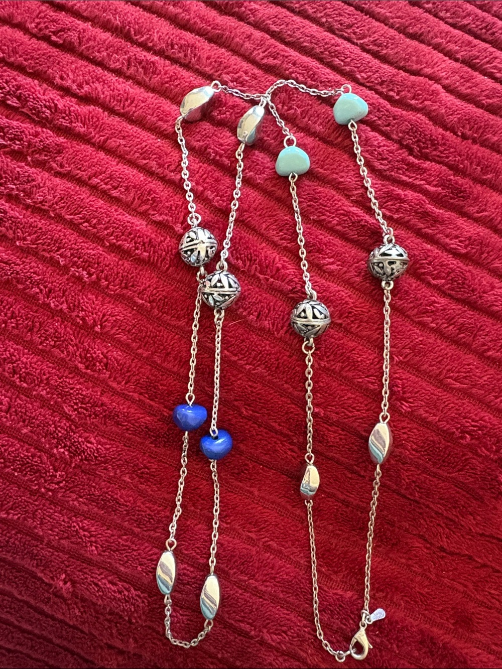 Silver Chain Necklace with Blue and Mint Beads - RMN